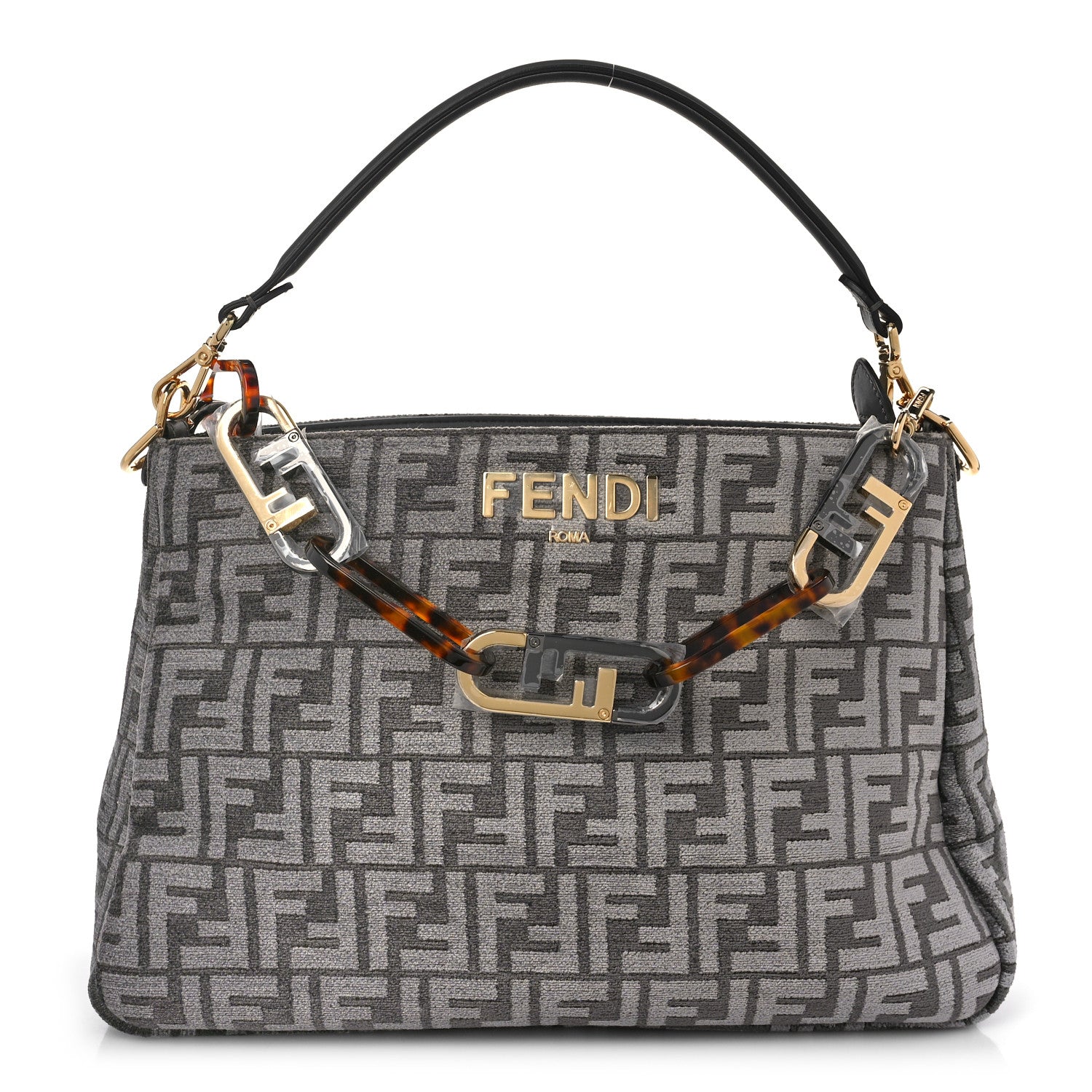 Fendi Chenille Vitello Seta Plexiglass FF Fendi O'Lock Zipper Anthracite Asfalto 1 of 8