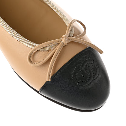 Chanel Lambskin Cap Toe CC Ballerina Flats 38 Beige Black 10 of 10