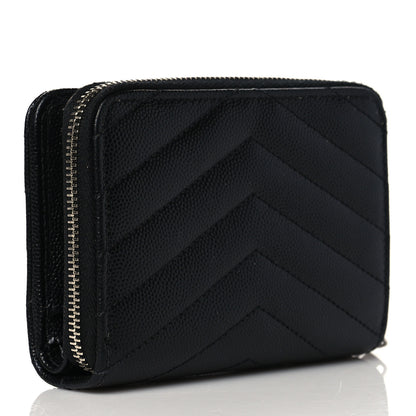 Saint Laurent Grain De Poudre Matelasse Chevron Monogram Compact Zip Around Wallet Black 3 of 9
