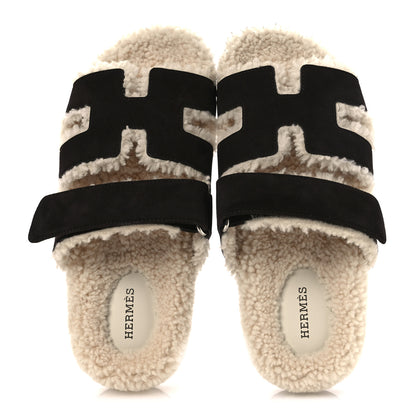 Hermes Suede Goatskin Woolskin Womens Chypre Sandals 38.5 Marron Ebene 2 of 10