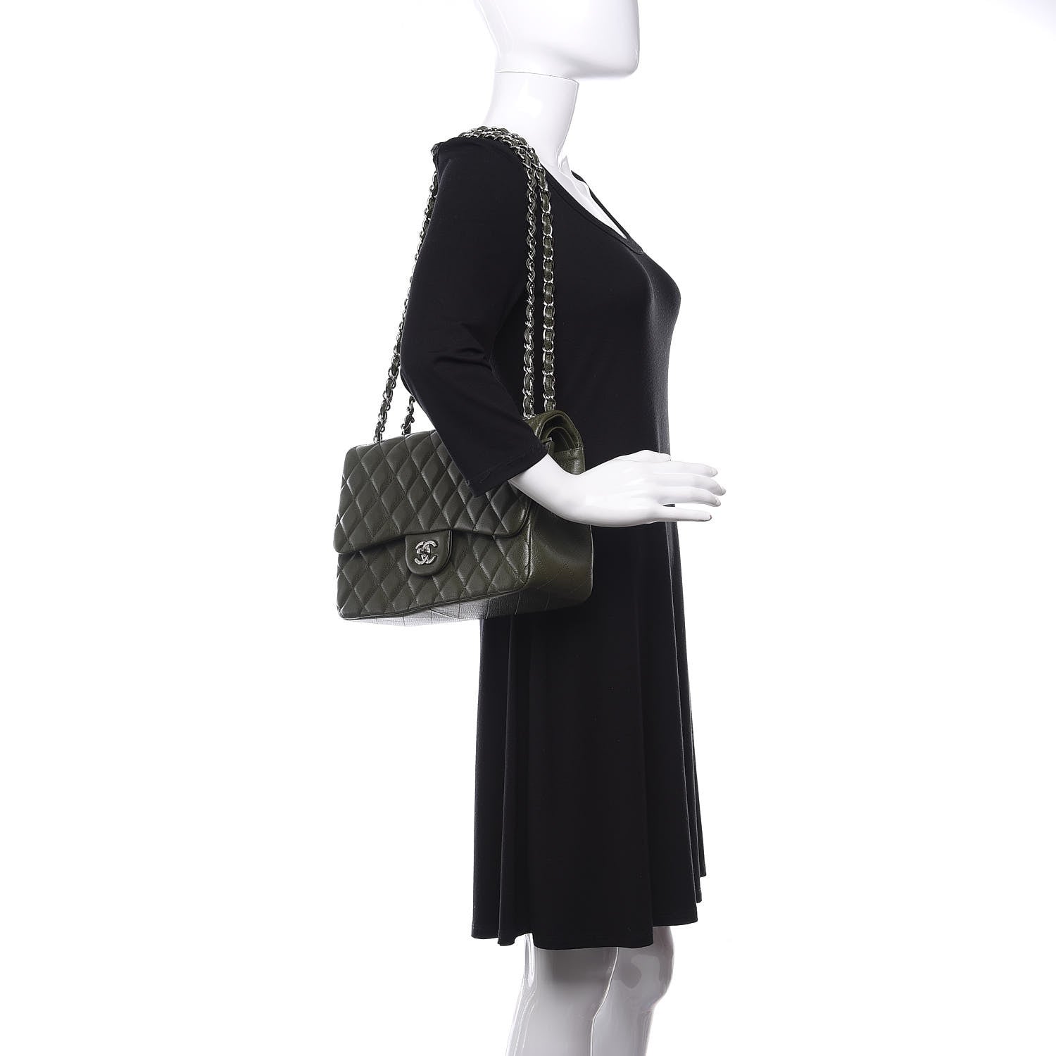 Chanel Caviar Quilted Jumbo Double Flap Dark Green 2 of 11
