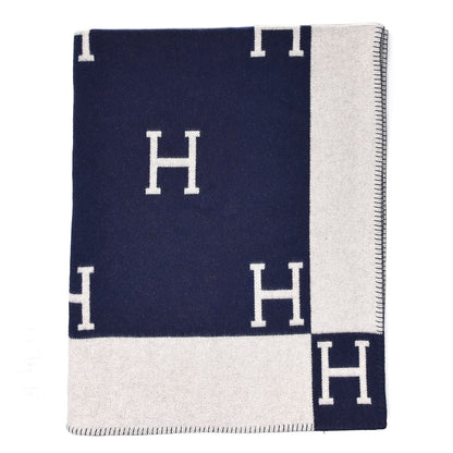 Hermes Wool Cashmere Avalon Blanket Ecru Navy 1 of 4