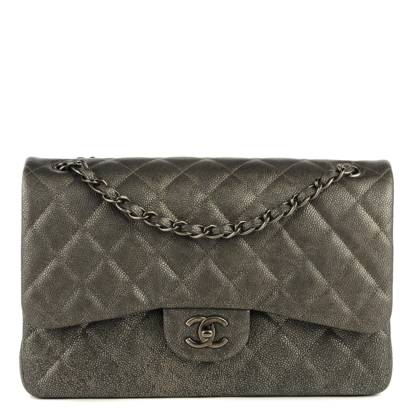 Iridescent Caviar Quilted Jumbo Double Flap Dark Silver
