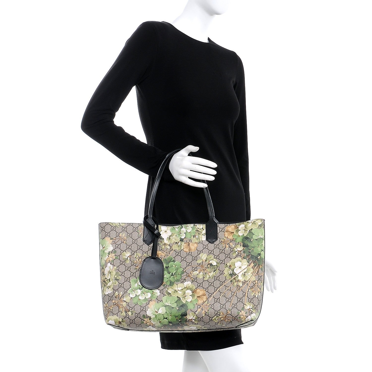 Gucci GG Supreme Monogram Blooms Medium Reversible Tote Beige New Military Black 2 of 10
