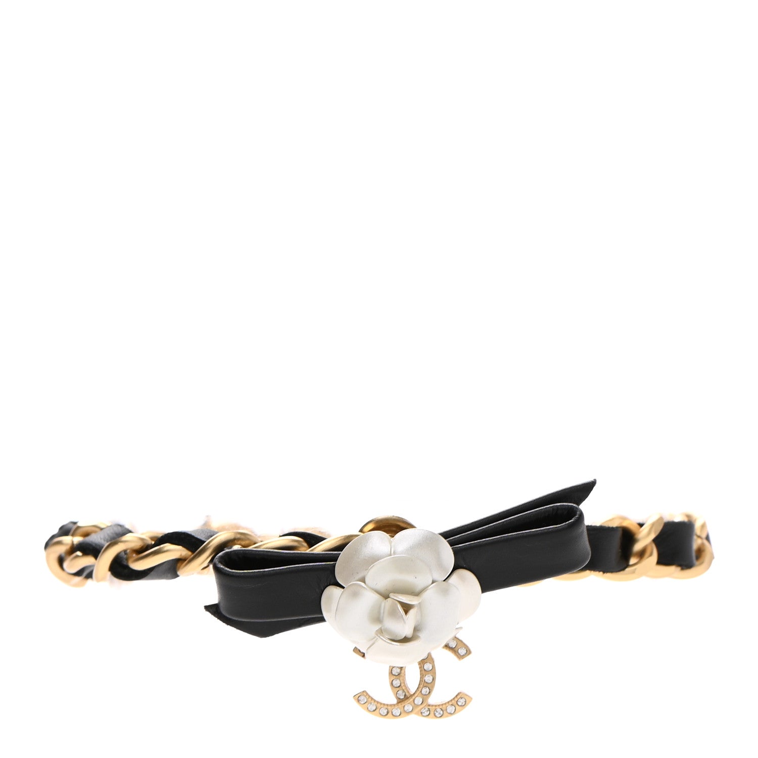 Chanel Metal Calfskin Crystal Chain 90's Camellia Bracelet Black Gold 1 of 4