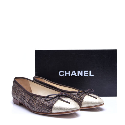 Chanel Tweed Metallic Lambskin CC Cap Toe Ballerina Flats 38 Gold 15 of 15