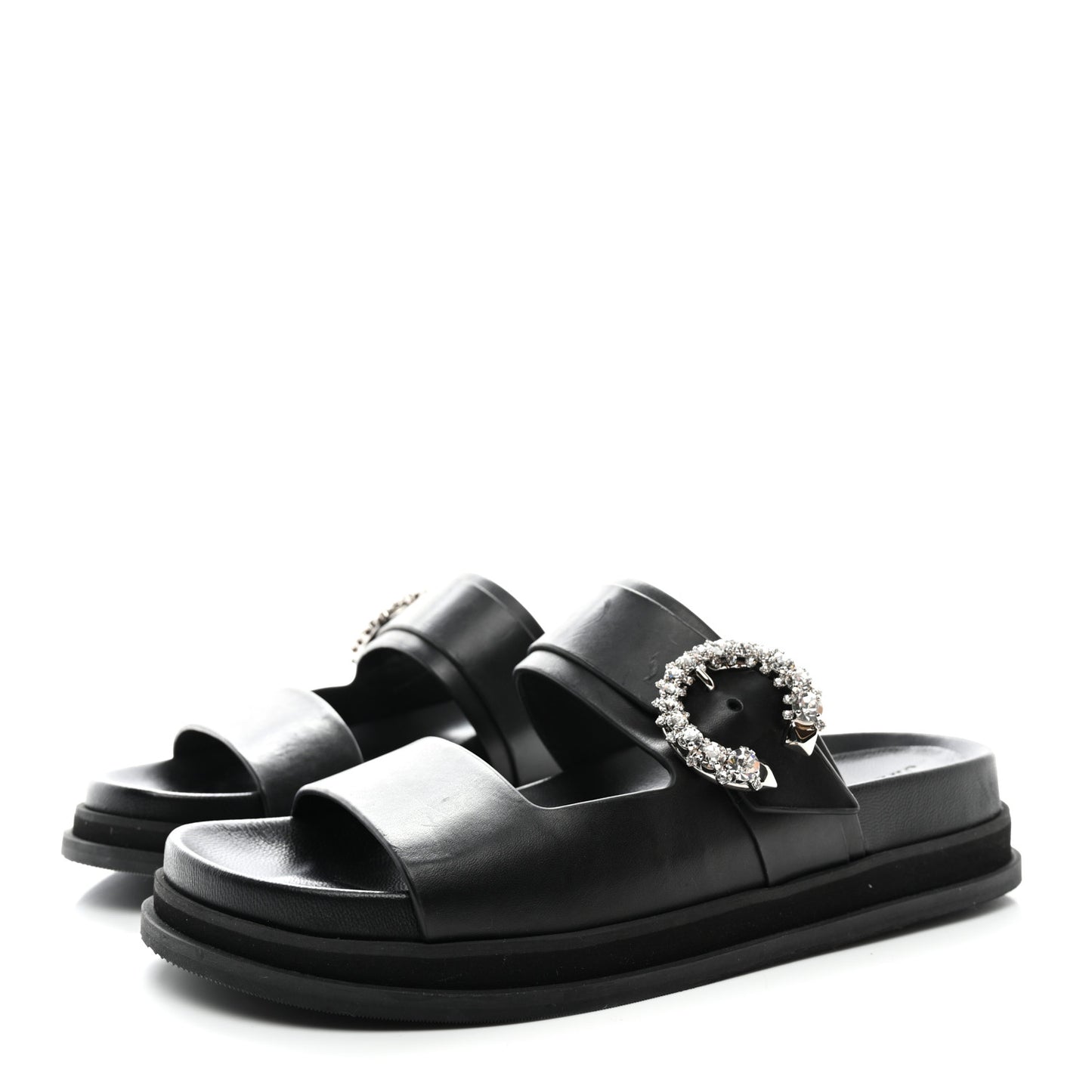 Calfskin Crystal Embellished Marga Slide Sandals 37 Black