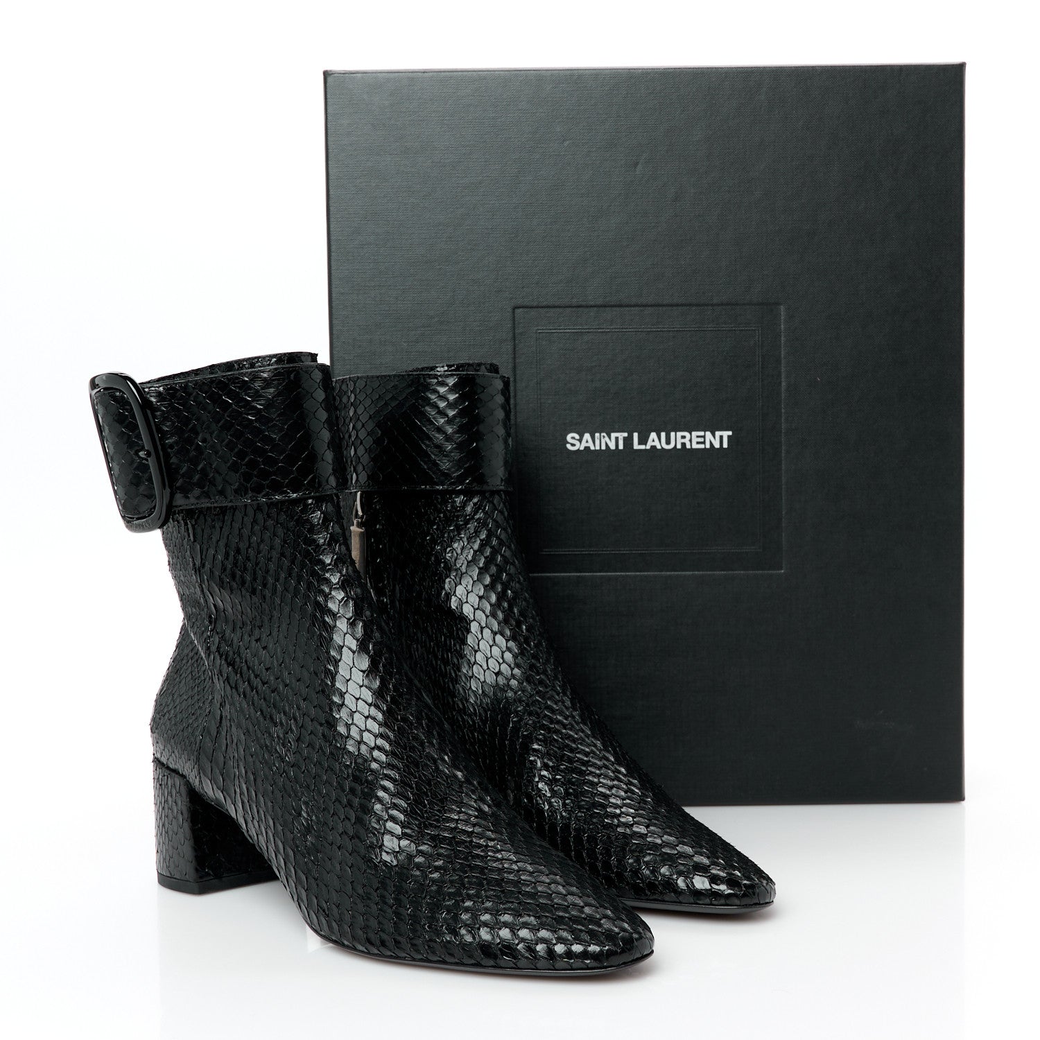 Saint Laurent Shiny Snakeskin Joplin Buckle Booties 37.5 Black 9 of 9