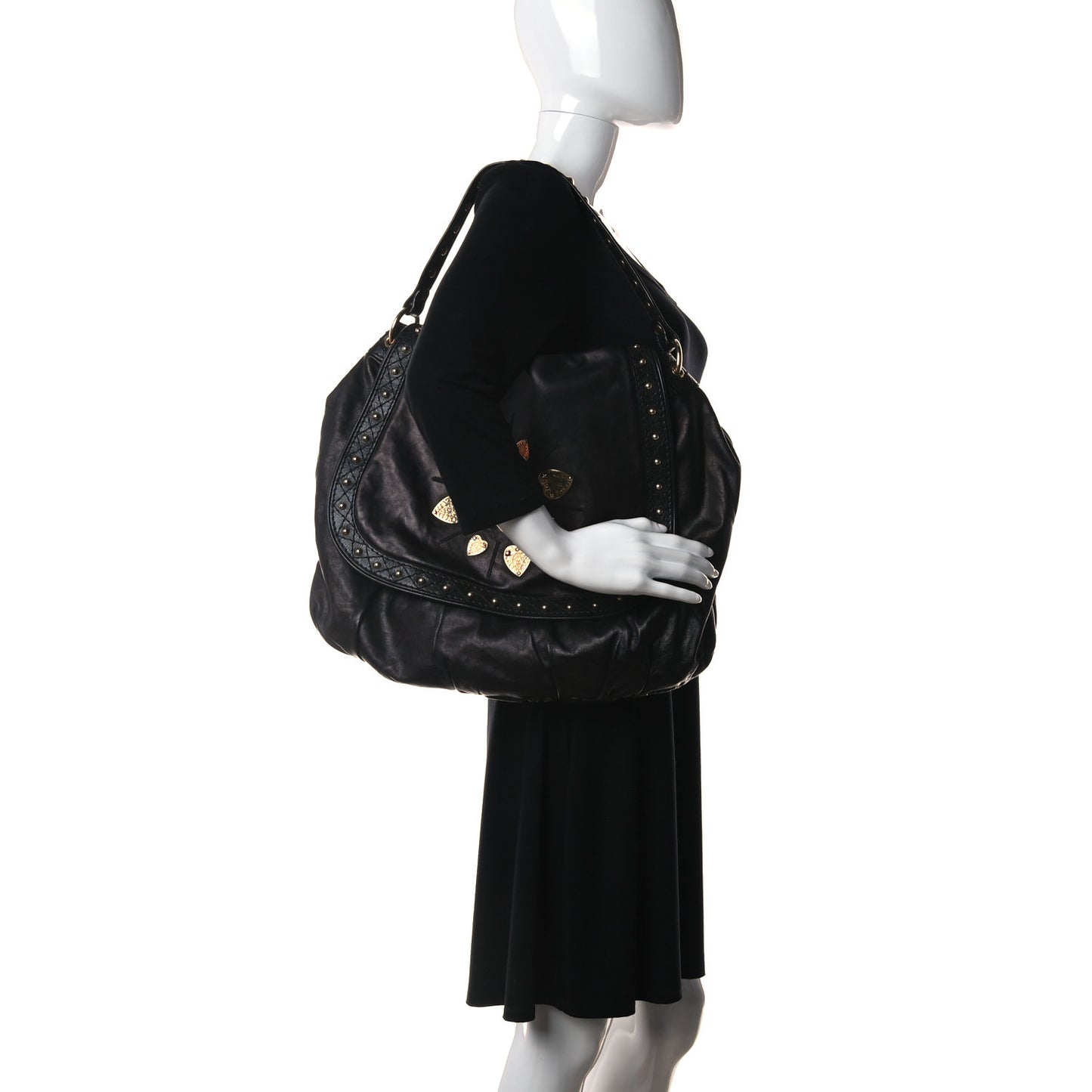 Calfskin Studded Large Irina Shoulder Bag Black