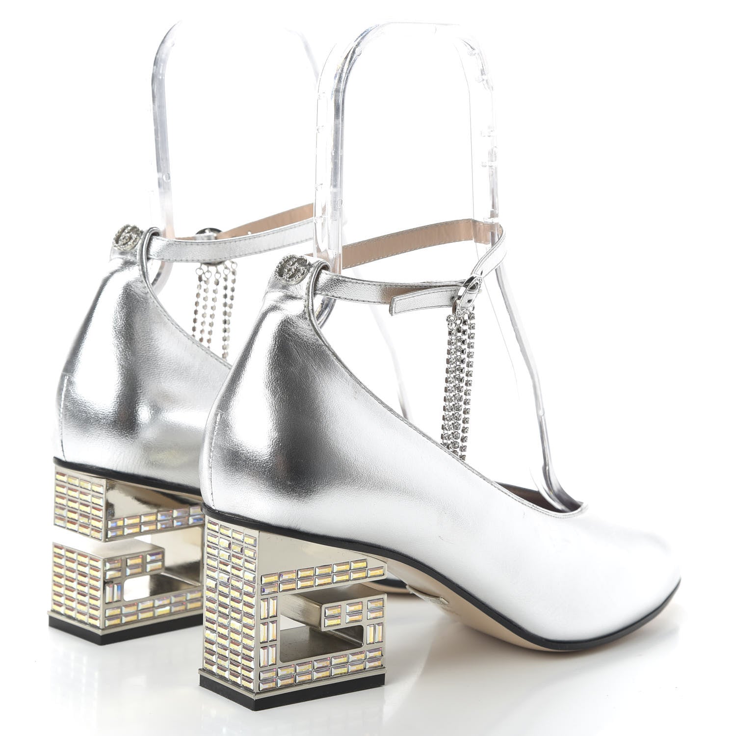 Gucci Metallic Nappa Crystal Square G Mid Heel Pumps 40.5 Silver 4 of 7