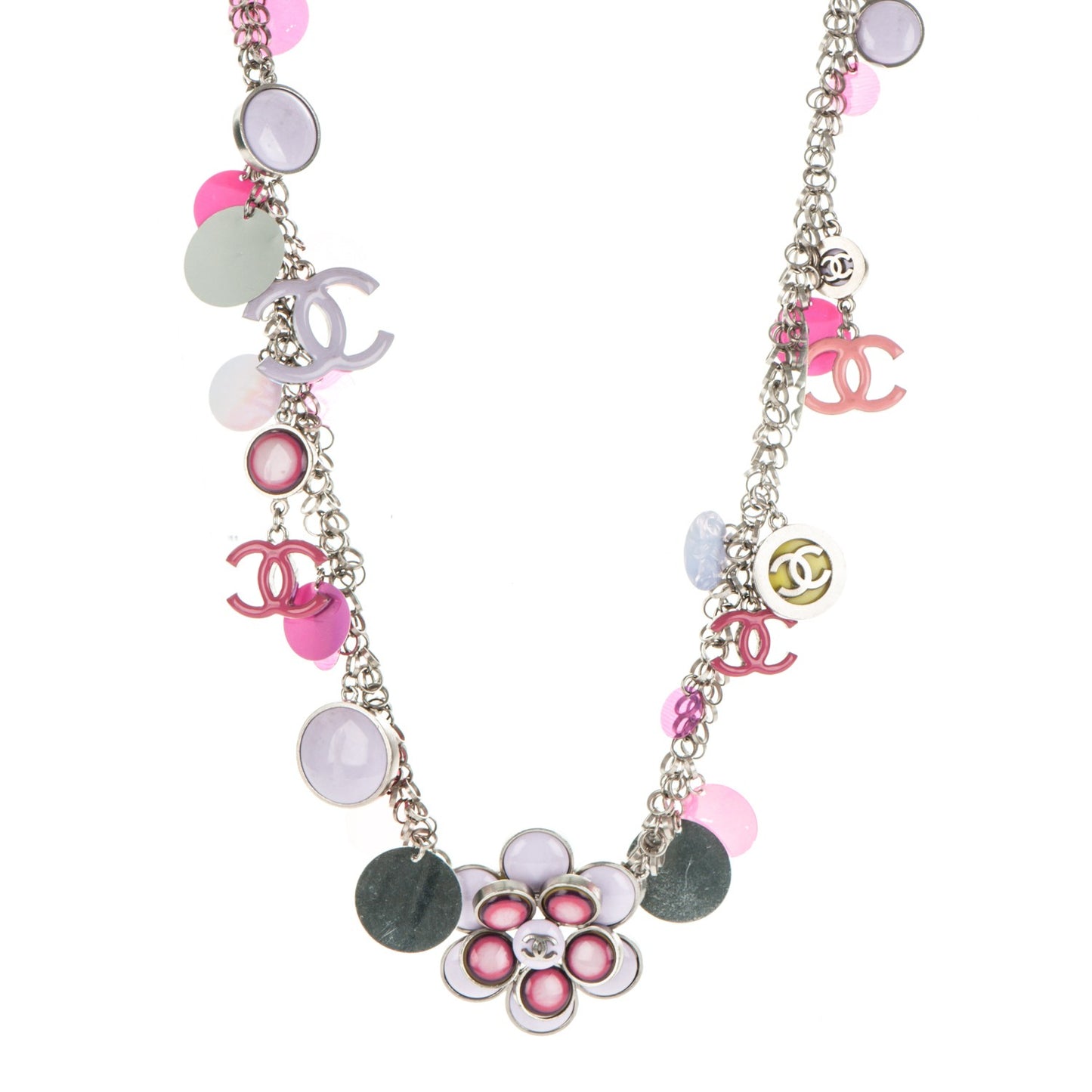 Enamel CC Long Necklace Pink Silver