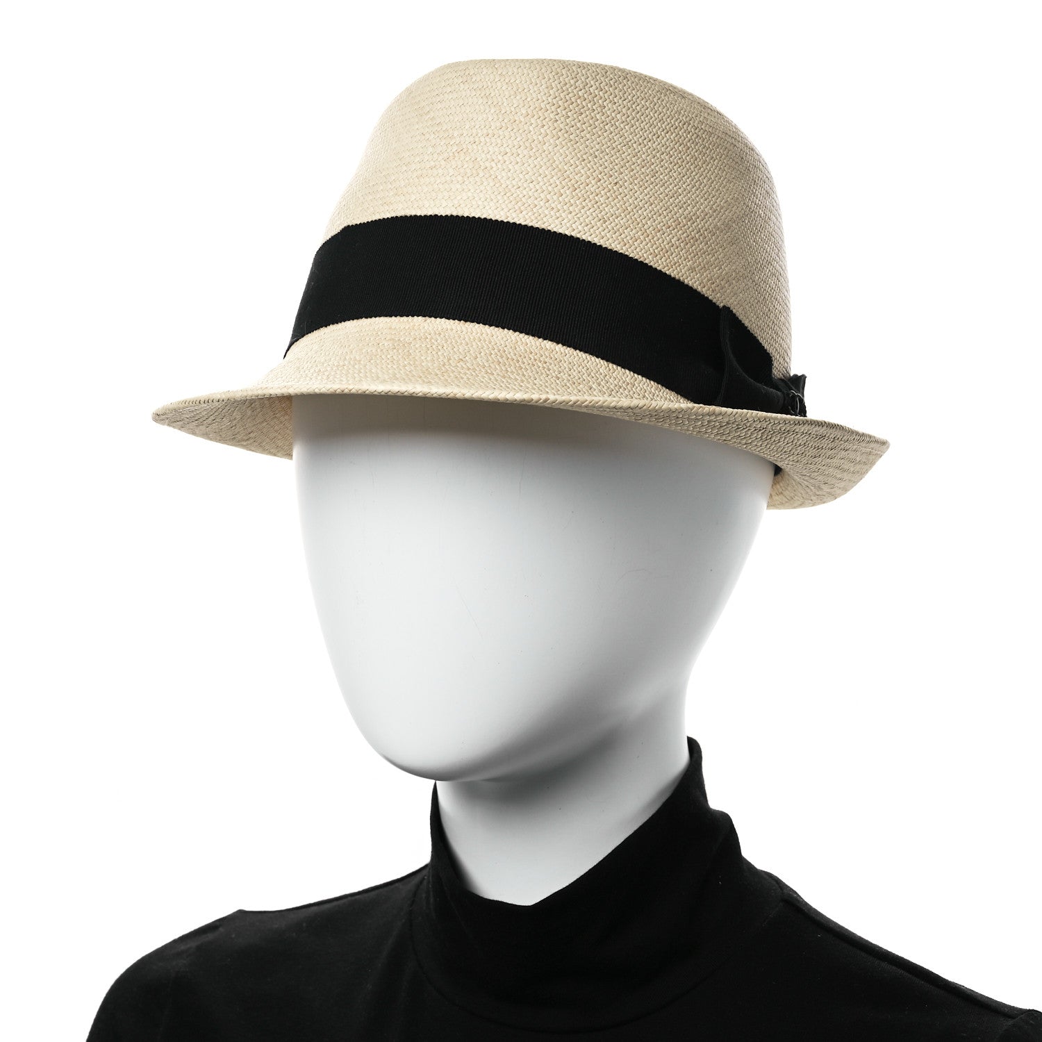Chanel Straw Grosgrain Ribbon Fedora Hat M Beige Black 2 of 12