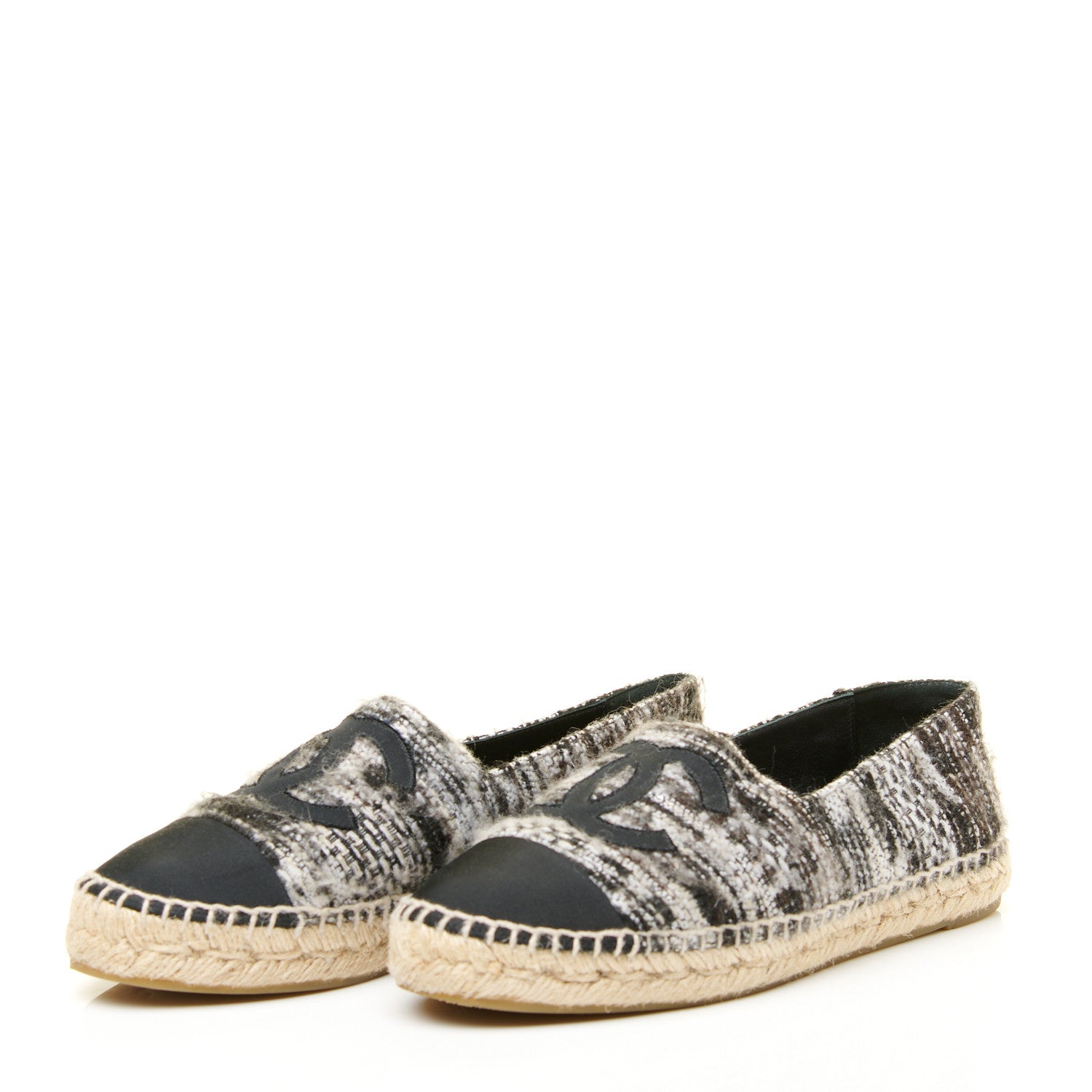 Chanel Tweed Grosgrain CC Espadrilles 38 Grey Black 2 of 9
