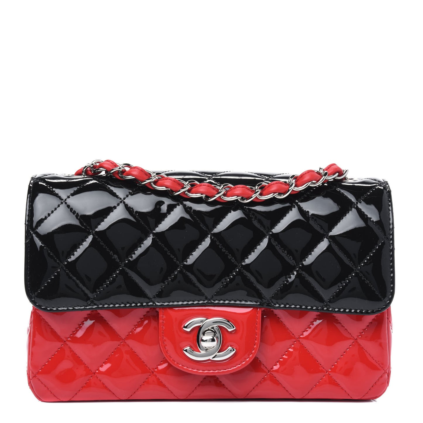 Patent Calfskin Quilted Bi-Color Mini Rectangular Flap Red Black