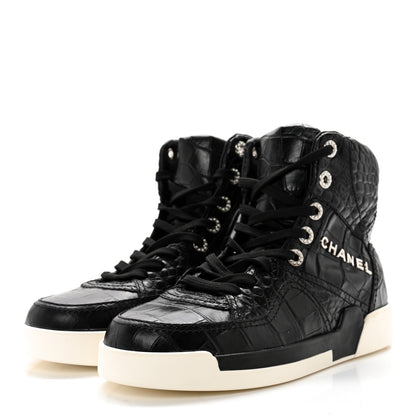Chanel Calfskin Crocodile Embossed Cocodile High Top Sneakers 38 Black 3 of 11