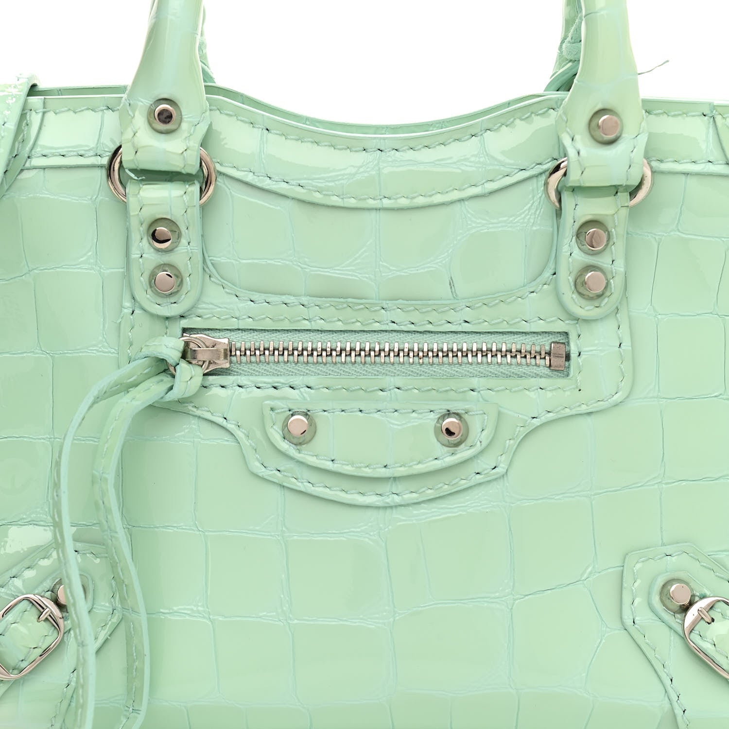 Balenciaga Patent Crocodile Embossed Classic Silver Hardware Nano City Light Green 9 of 15