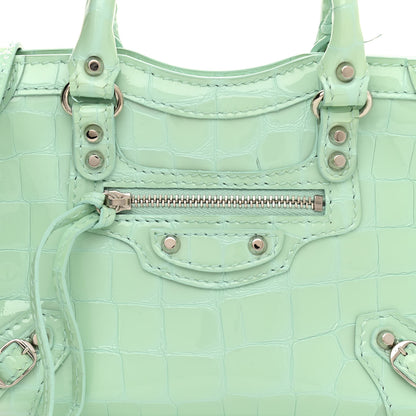 Balenciaga Patent Crocodile Embossed Classic Silver Hardware Nano City Light Green 9 of 15
