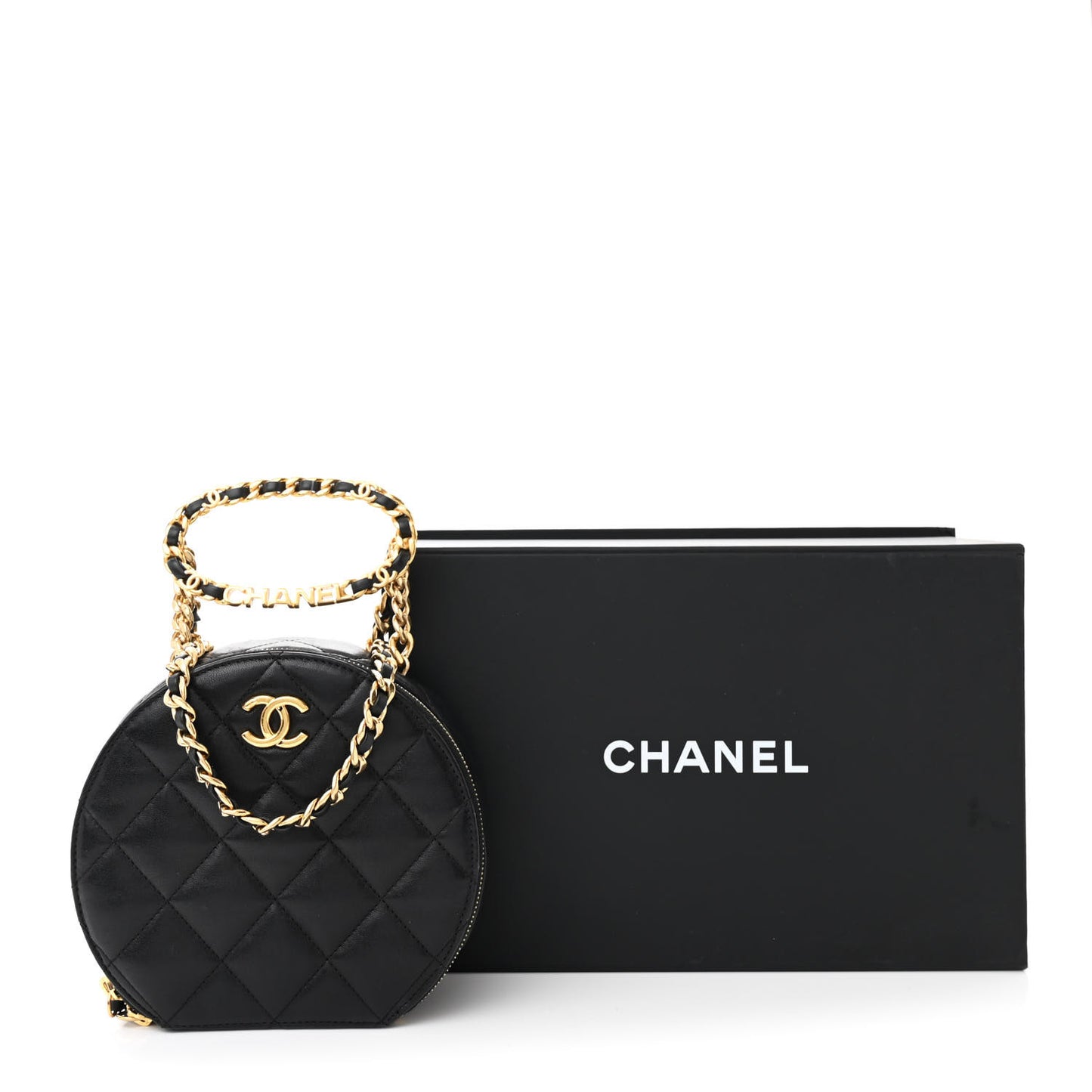 Lambskin Metal Quilted Small Top Handle Round Shoulder Bag Black