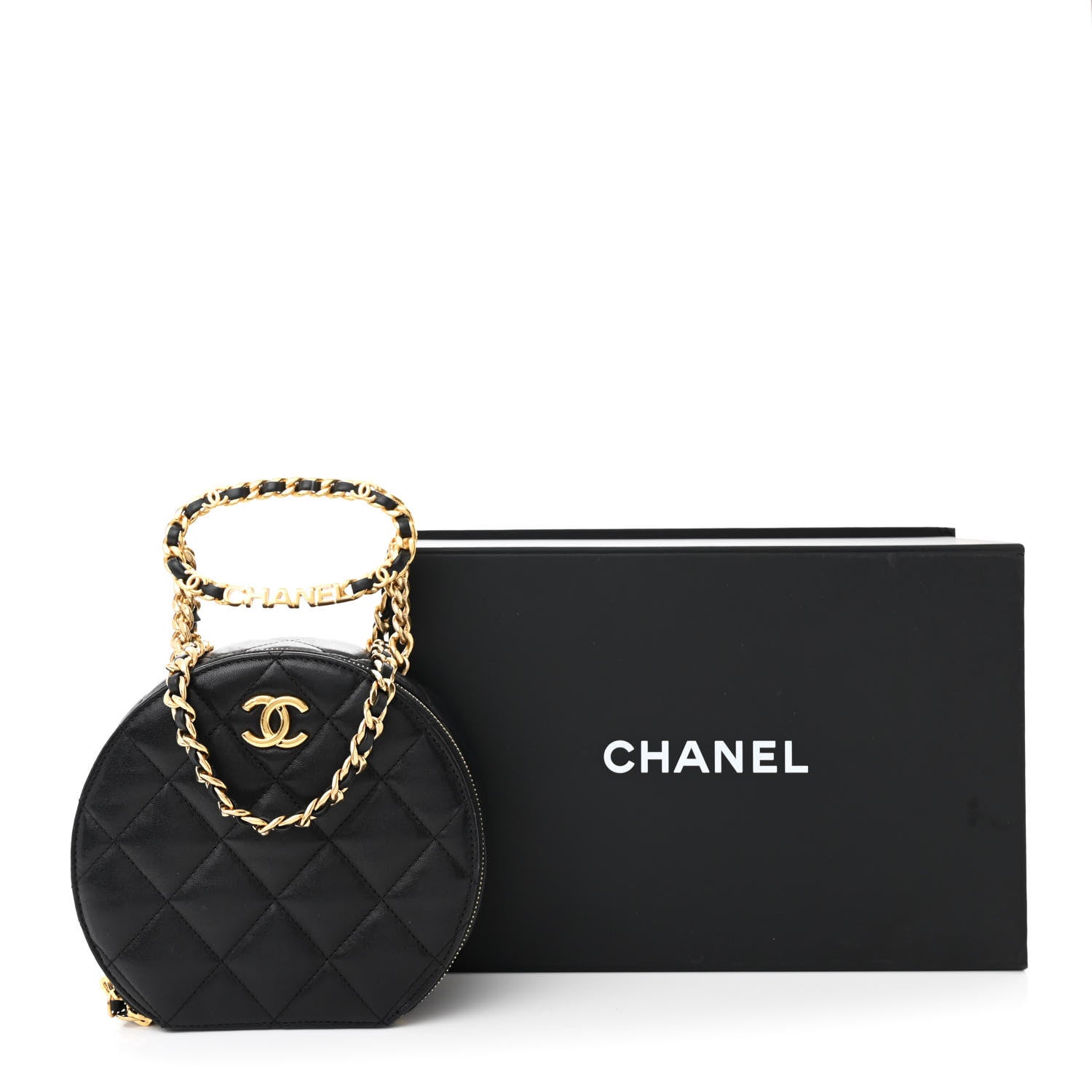 Chanel Lambskin Metal Quilted Small Top Handle Round Shoulder Bag Black 11 of 11