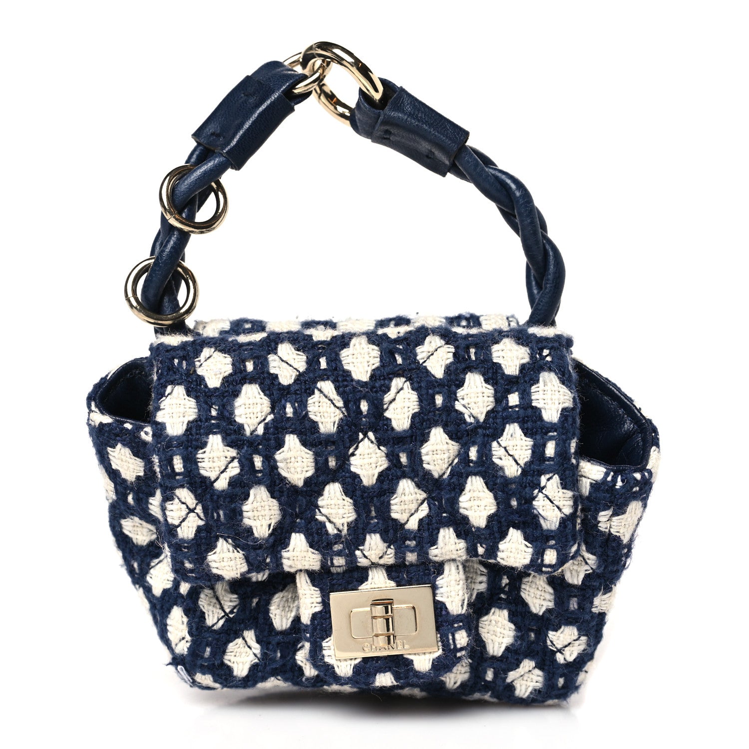Chanel Tweed Quilted 2.55 Ankle Wrist Bag Navy Blue White 1 of 9