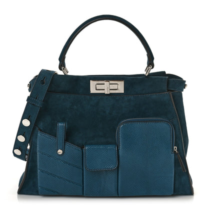 Fendi Chamois Karung Shiny Nappa Medium 3 Pocket Peekaboo Iconic Satchel Cobalto Petrolio 1 of 9