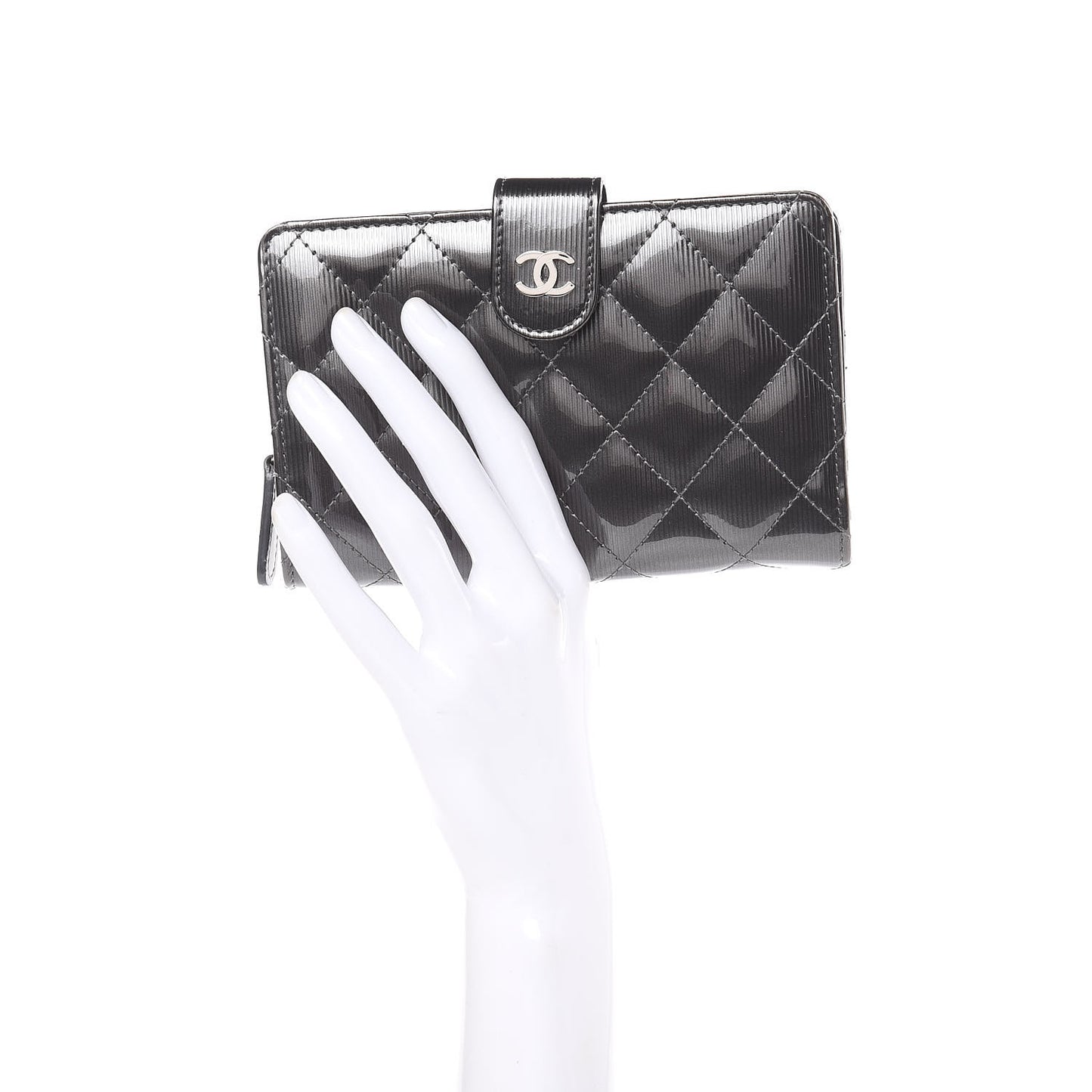 Striated Patent Quilted Zipped Pocket Wallet Dark Grey
