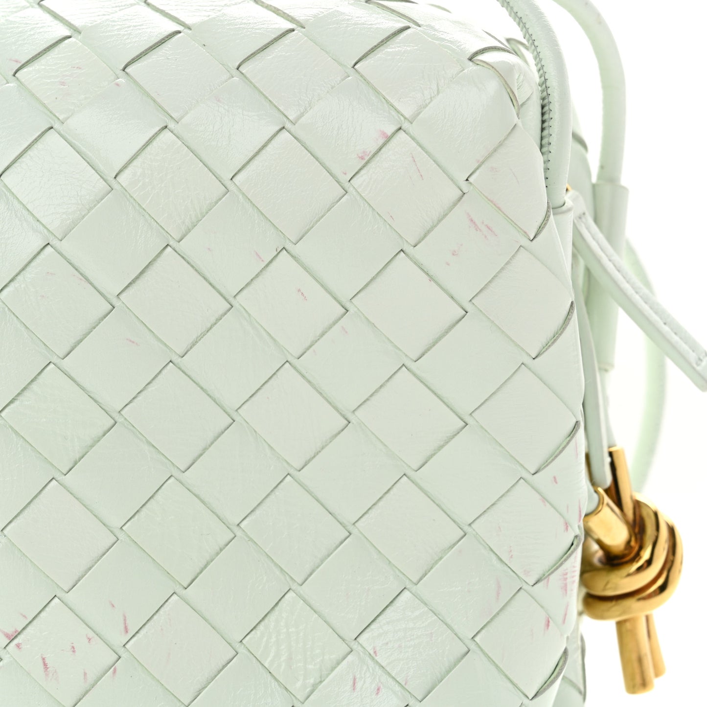 Polished Patent Intrecciato Knot Small Loop Camera Bag Glacier Muse