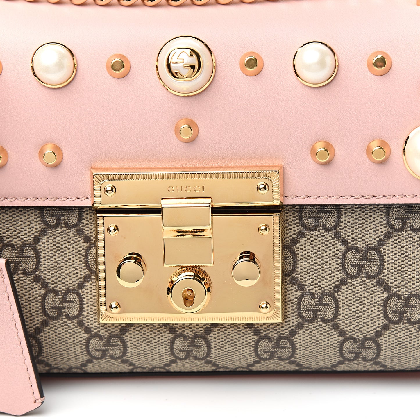 GG Supreme Monogram Calfskin Studded Small Padlock Shoulder Bag Beige Perfect Pink