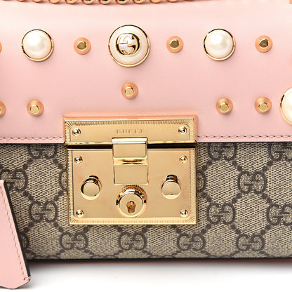 Gucci GG Supreme Monogram Calfskin Studded Small Padlock Shoulder Bag Beige Perfect Pink 9 of 10