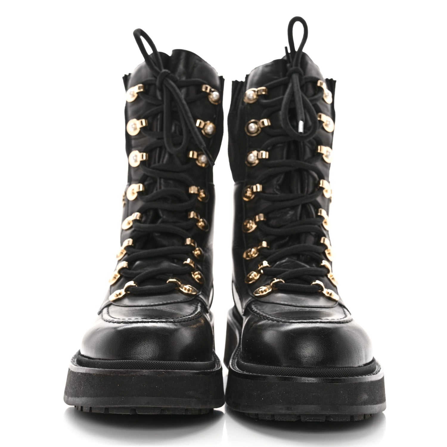 Chanel Calfskin Knit Lace Up Combat Boots 39 Black 2 of 12