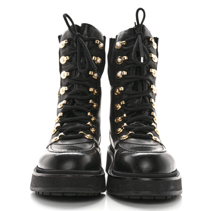 Chanel Calfskin Knit Lace Up Combat Boots 39 Black 2 of 12