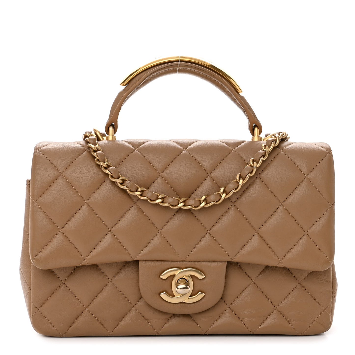 Lambskin Quilted Metal Mini Top Handle Rectangular Flap Beige