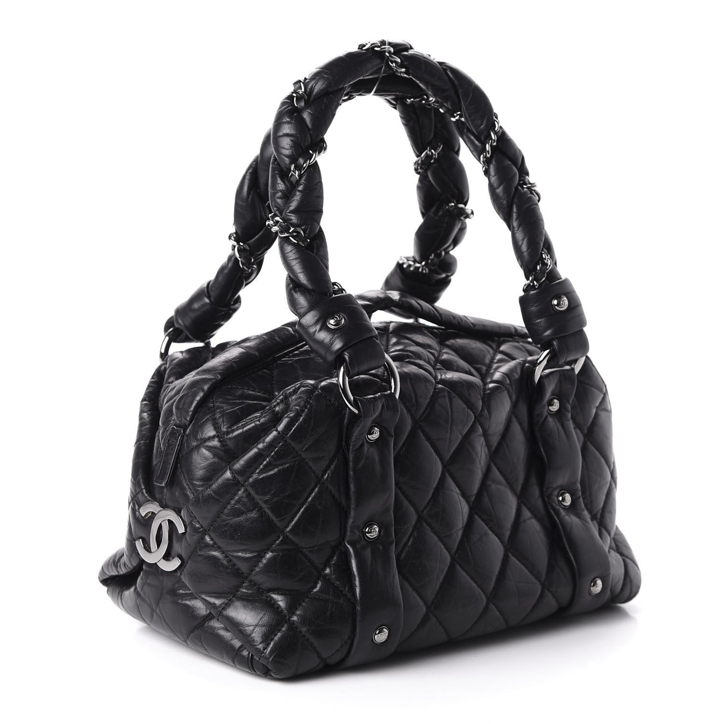 Distressed Lambskin Small Lady Braid Tote Black