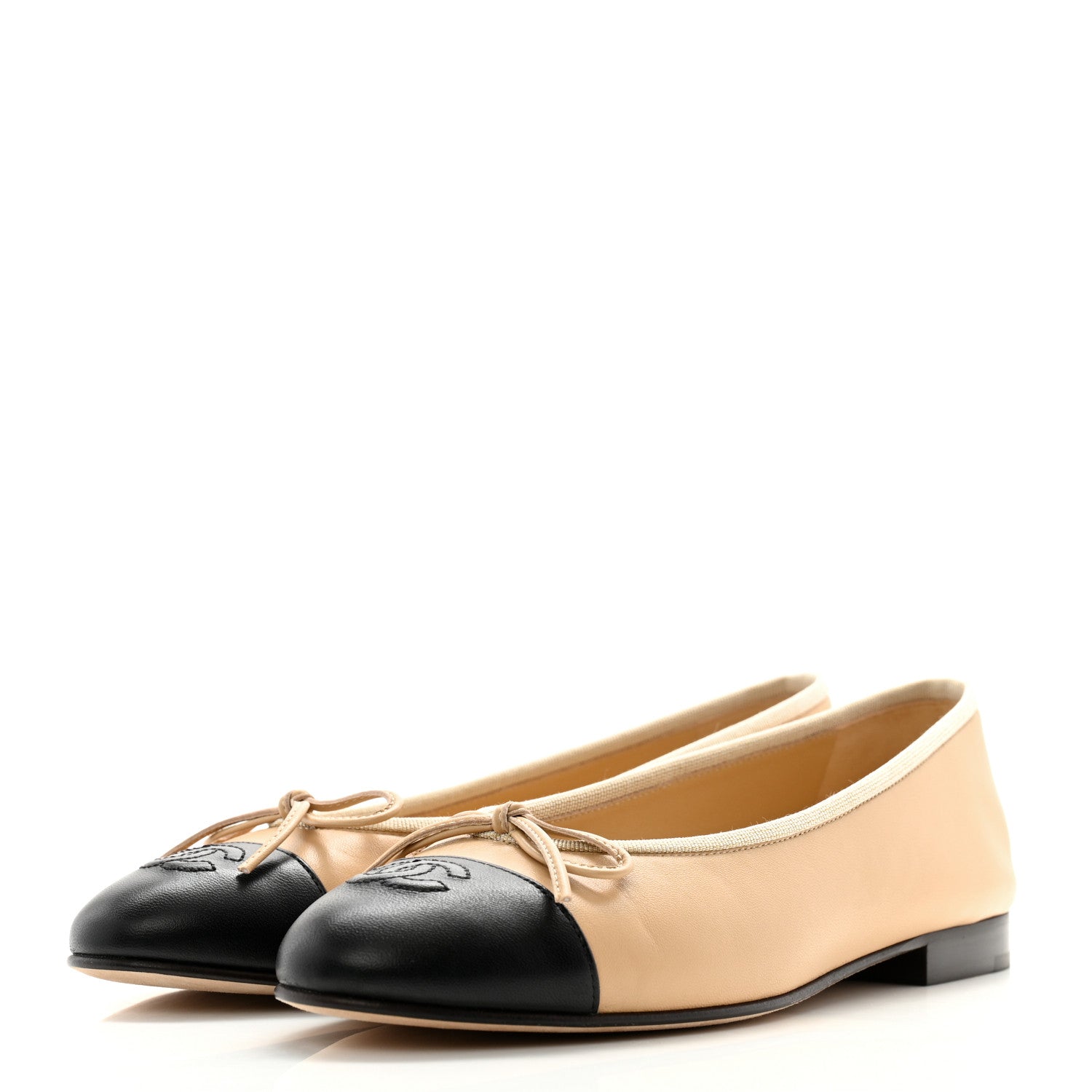 Chanel Lambskin Cap Toe CC Ballerina Flats 38 Beige Black 3 of 9