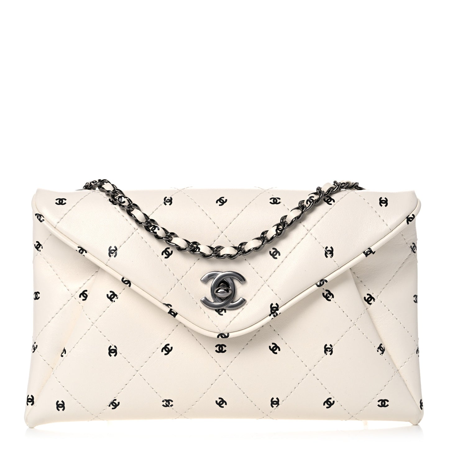 Printed Lambskin Logo CC Envelope Clutch With Chain White