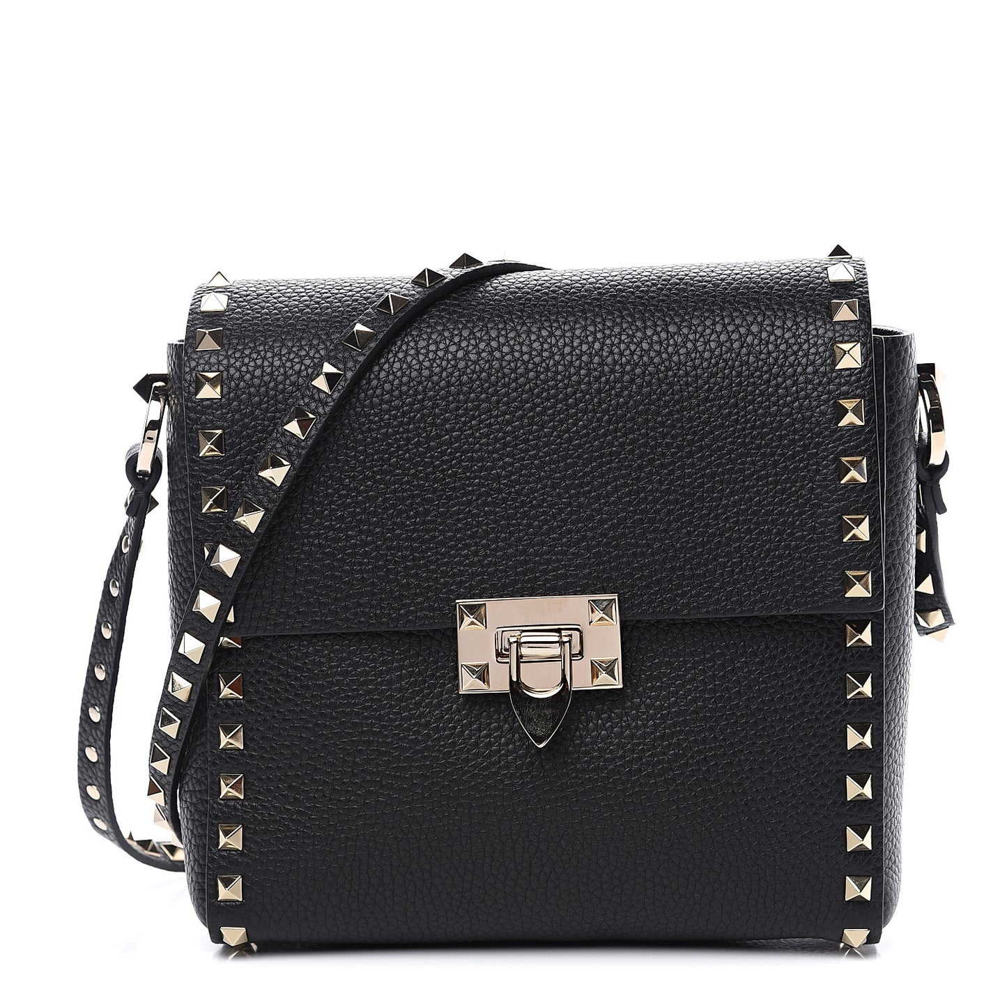 Pebbled Calfskin Rockstud Flip Lock Flap Messenger Black