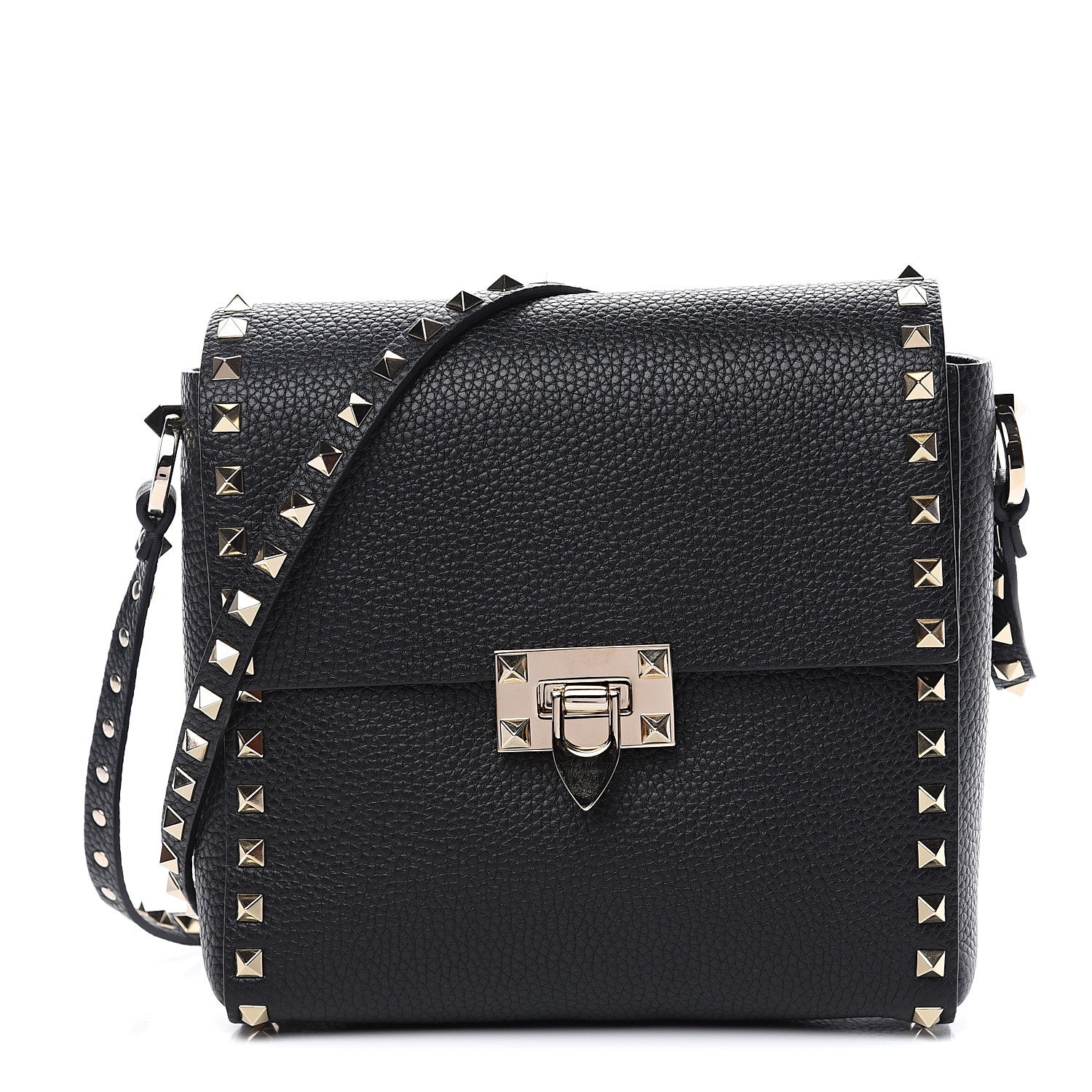 Valentino Garavani Pebbled Calfskin Rockstud Flip Lock Flap Messenger Black 1 of 8