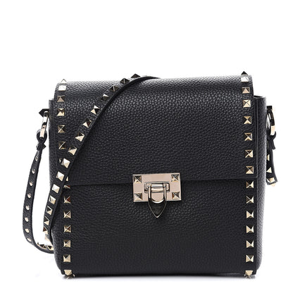 Valentino Garavani Pebbled Calfskin Rockstud Flip Lock Flap Messenger Black 1 of 8