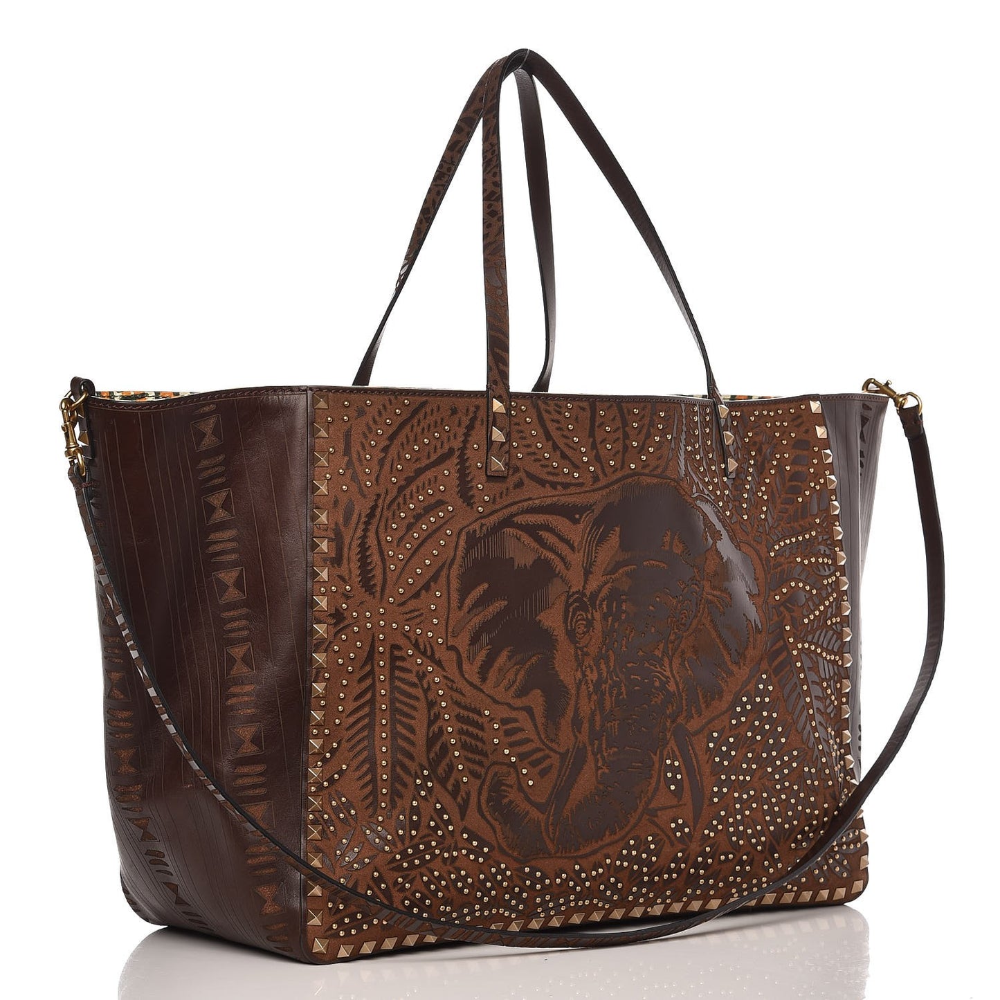 Calfskin Canvas Elephant Embossed Medium Rockstud Reversible Tote Brown