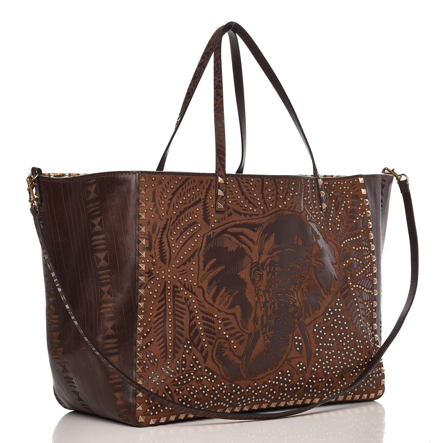 Valentino Garavani Calfskin Canvas Elephant Embossed Medium Rockstud Reversible Tote Brown 5 of 11
