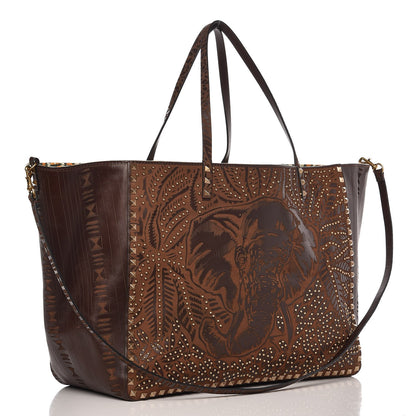 Valentino Garavani Calfskin Canvas Elephant Embossed Medium Rockstud Reversible Tote Brown 5 of 11