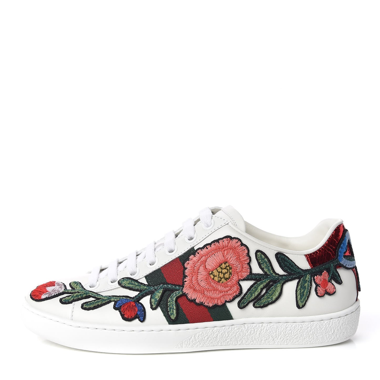 Calfskin Web Floral Embroidered Ace Sneakers 35 White