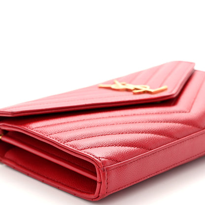Saint Laurent Grain De Poudre Matelasse Chevron Monogram Chain Wallet New Red 8 of 9