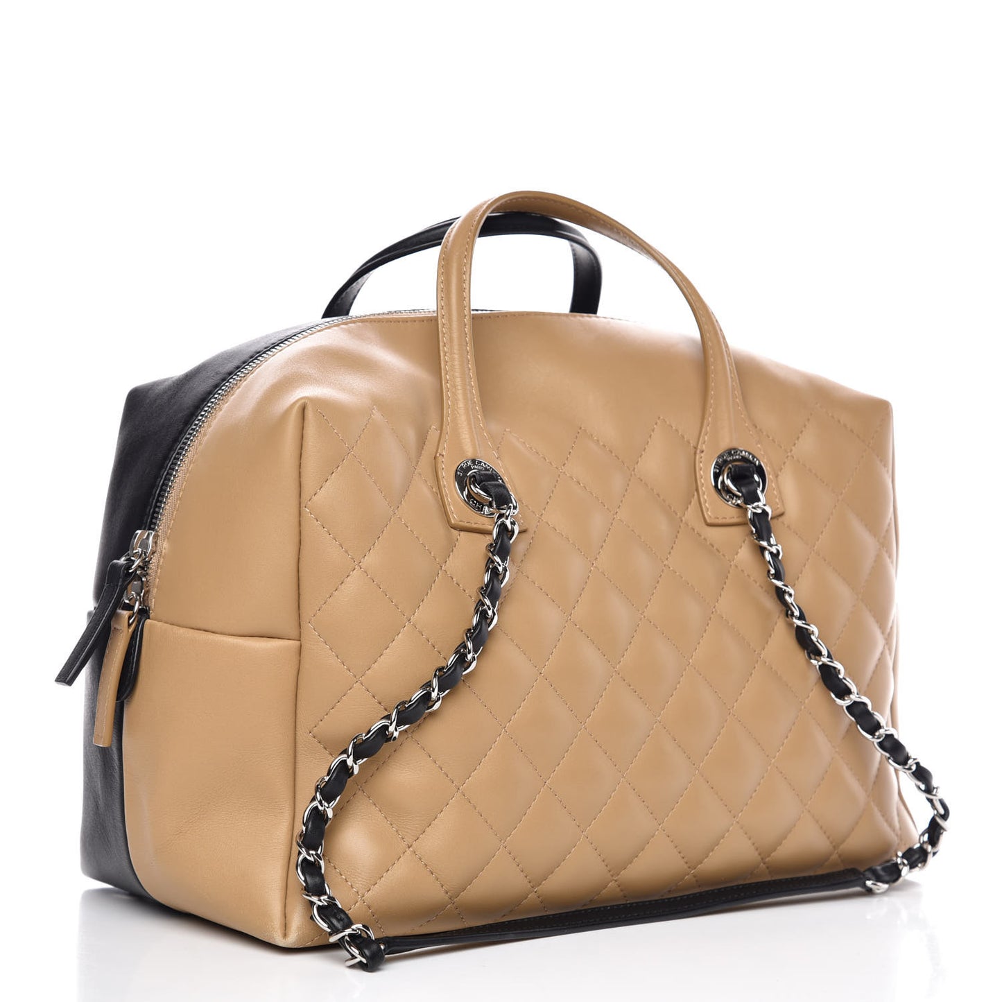 Calfskin Quilted Feather Weight Bowling Bag Black Beige