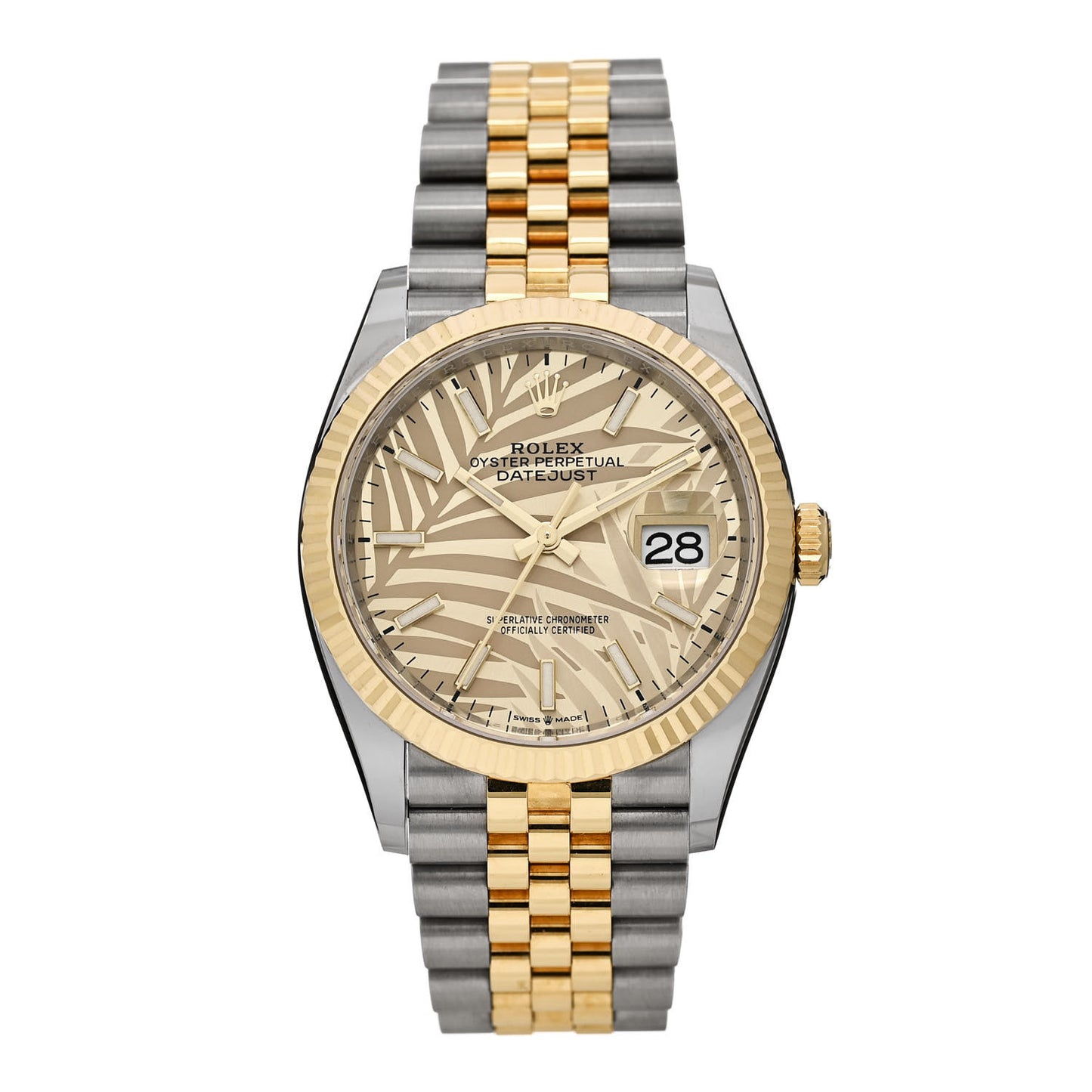 Stainless Steel 18K Yellow Gold 36mm Oyster Perpetual Datejust Watch Golden Palm 126233