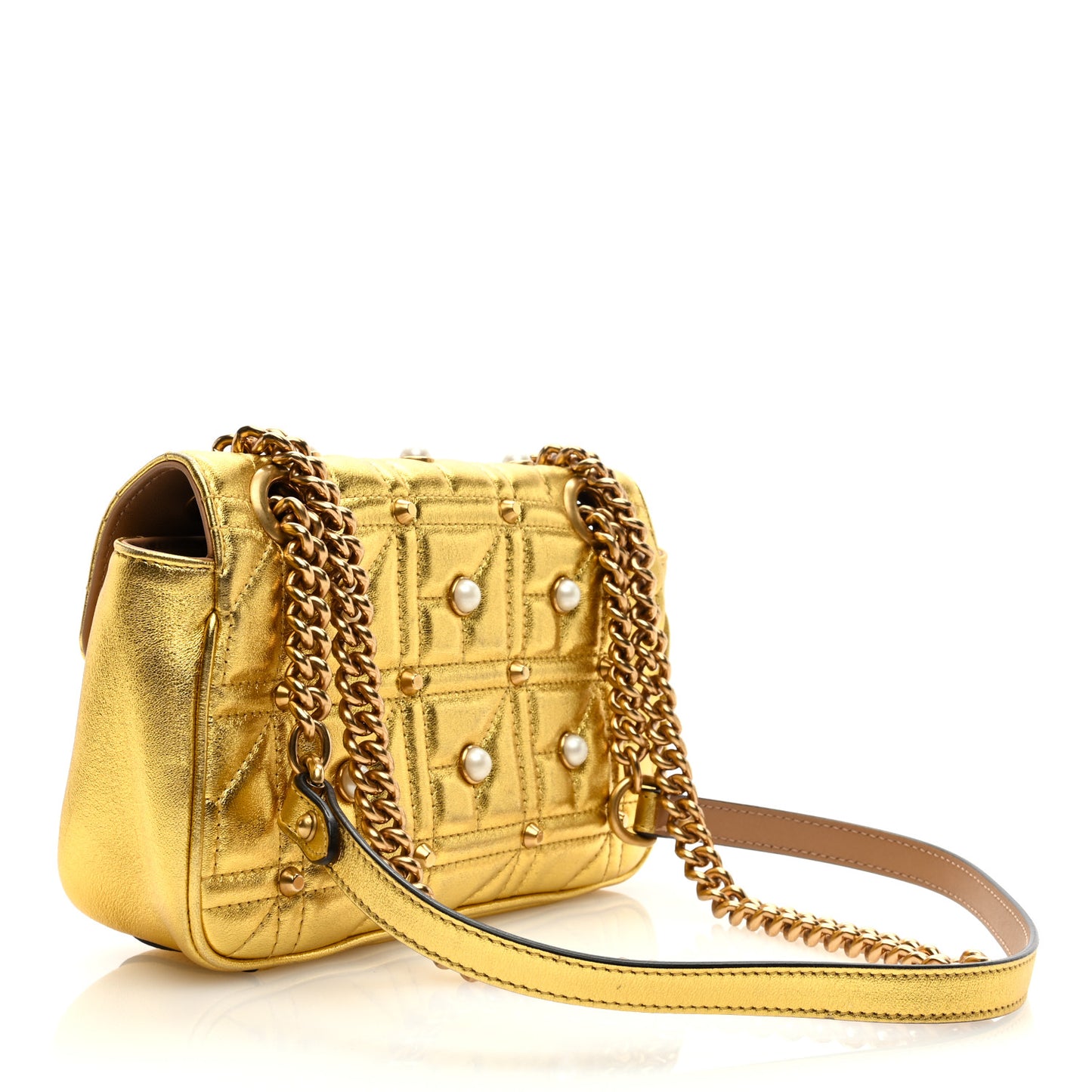 Metallic Calfskin Matelasse Studded Mini Pearly GG Marmont Shoulder Bag Gold