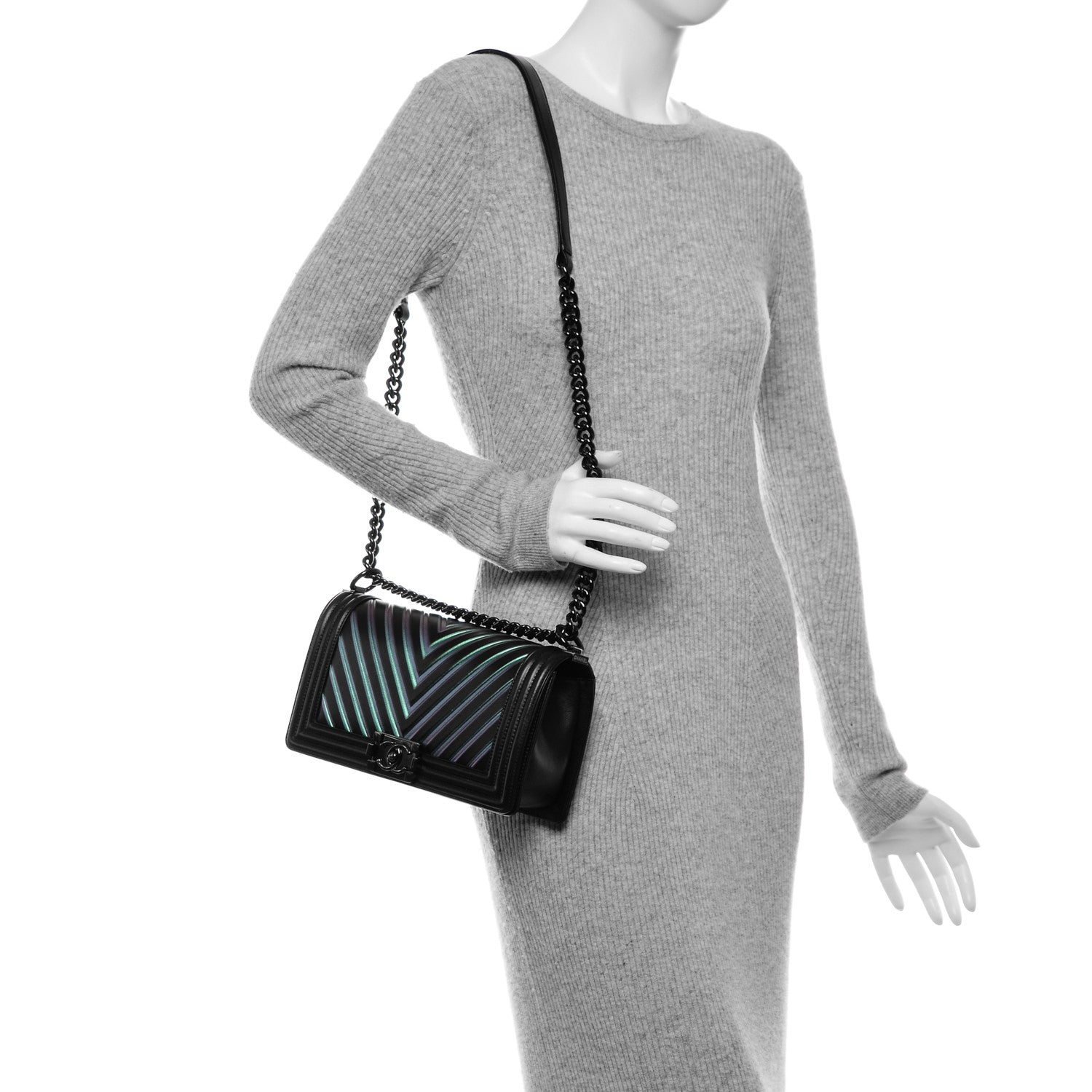 Chanel Calfskin Painted Chevron Embossed Medium Boy Flap Black 2 of 7