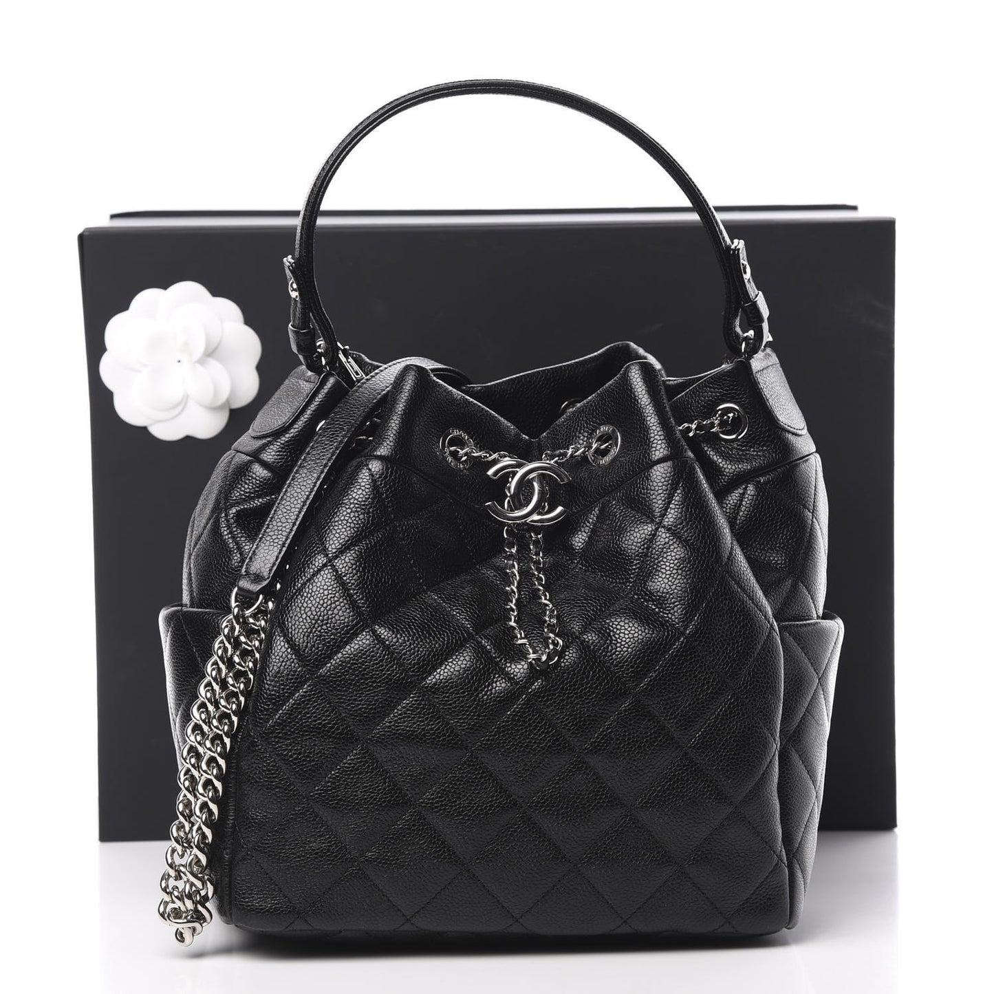 Grained Calfskin Quilted Medium CC Chain Bucket Drawstring Bag Black
