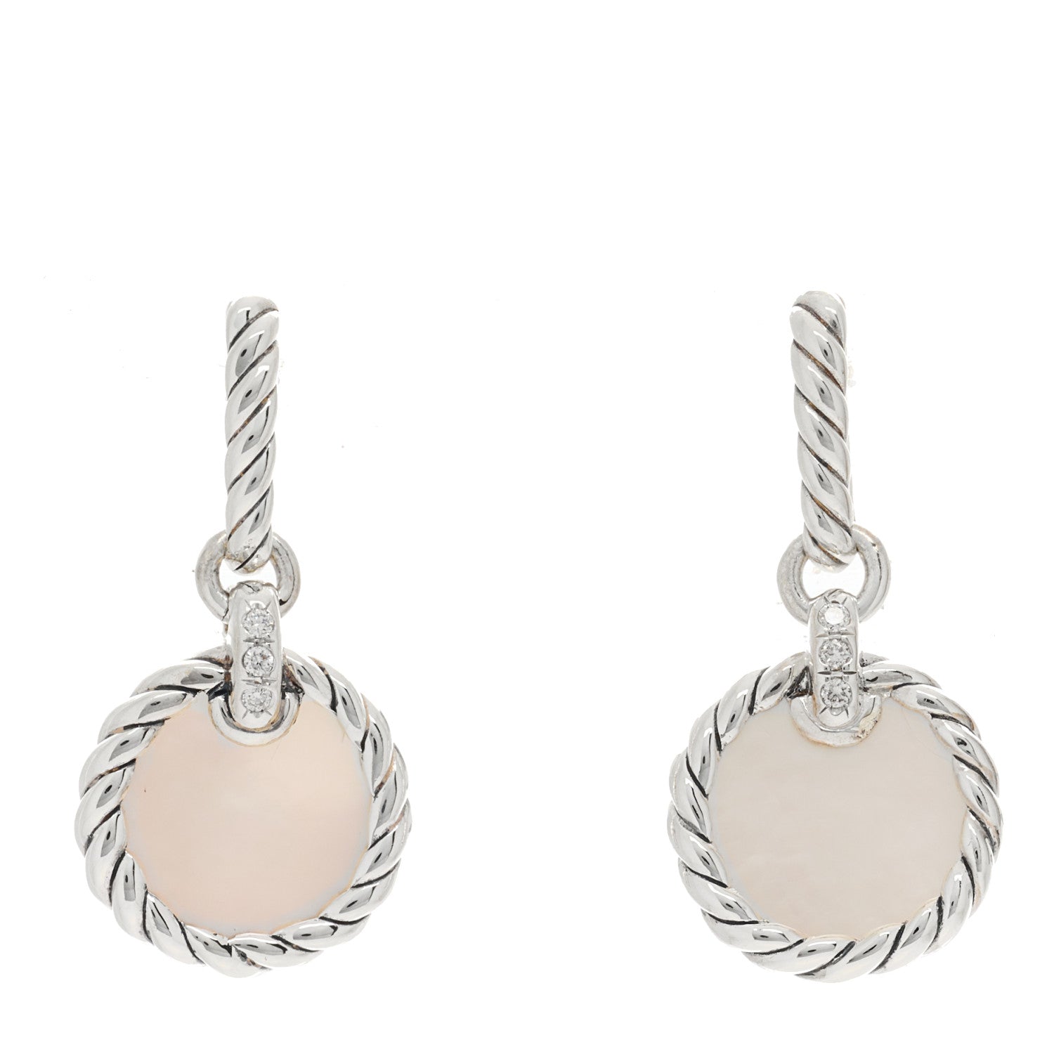 David Yurman Sterling Silver Diamond Mother of Pearl 25mm Elements Drop Earrings 1 of 4