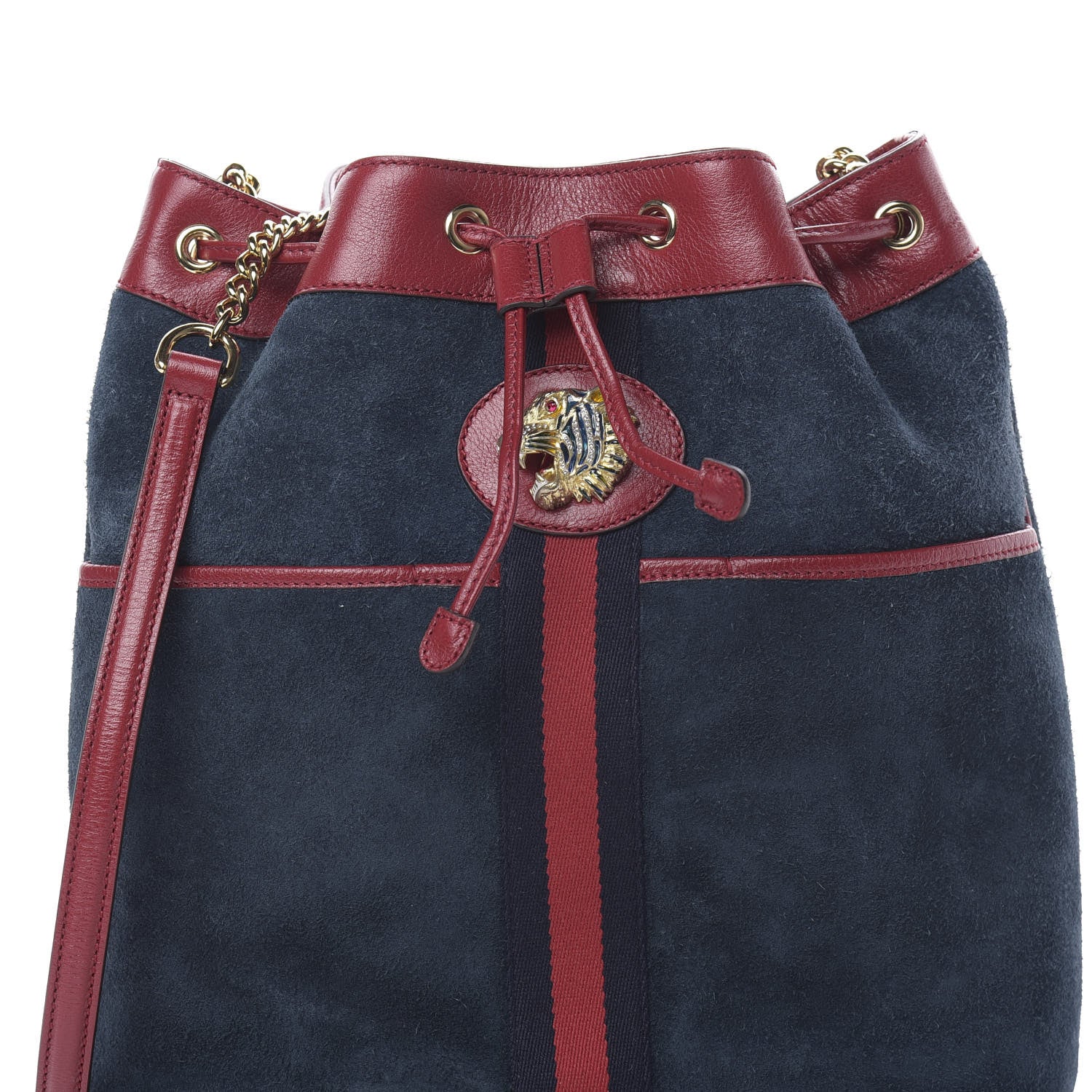 Gucci Suede Calfskin Web Medium Rajah Bucket Bag New Blue Romantic Cherry 8 of 11